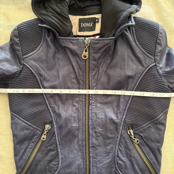 Dark Blue Doma Mixed Media Leather Jacket - Biker Style with removable hood - Picture 7 of 12